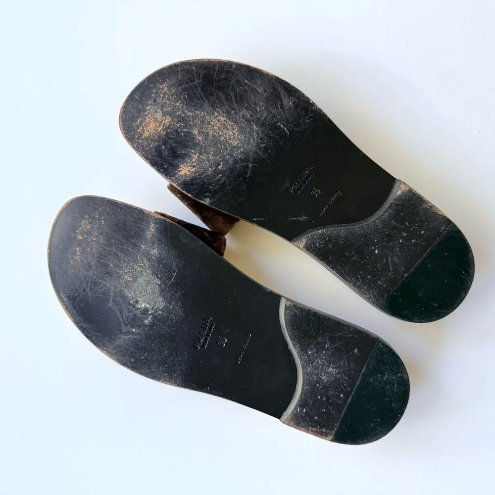 Prada Velvet Slide Sandals in Brown & Gold Size 36 - Picture 13 of 15